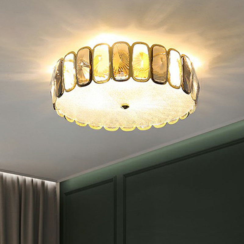 Postmodern Drum Ceiling Flush Light Fixture Smoky and Amber Crystal Living Room LED Flush Mount in Brass Clearhalo 'Ceiling Lights' 'Close To Ceiling Lights' 'Close to ceiling' 'Flush mount' Lighting' 2424335