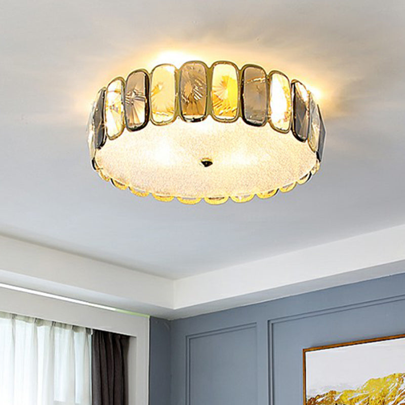 Postmodern Drum Ceiling Flush Light Fixture Smoky and Amber Crystal Living Room LED Flush Mount in Brass Brass 31.5" Clearhalo 'Ceiling Lights' 'Close To Ceiling Lights' 'Close to ceiling' 'Flush mount' Lighting' 2424337