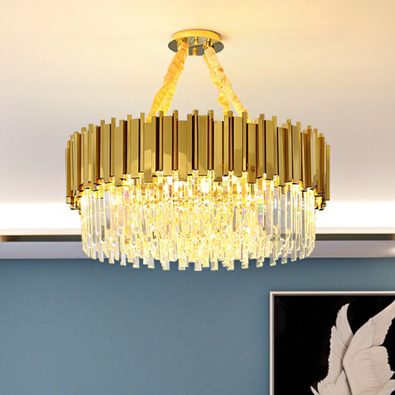 Simple Style Suspension Light Brass Drum Chandelier with Tri-Sided Crystal Prism Shade Clearhalo 'Ceiling Lights' 'Chandeliers' 'Modern Chandeliers' 'Modern' Lighting' 2424353