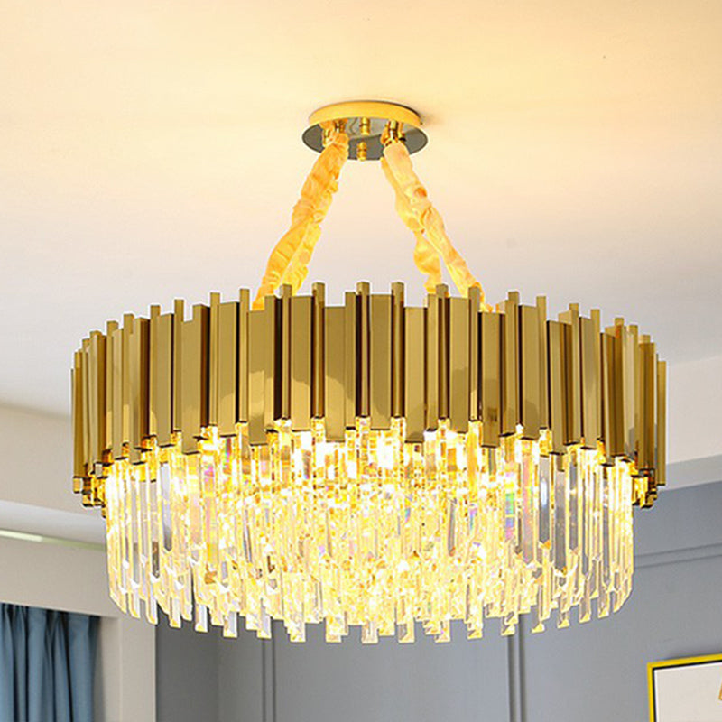 Simple Style Suspension Light Brass Drum Chandelier with Tri-Sided Crystal Prism Shade 12 Brass Clearhalo 'Ceiling Lights' 'Chandeliers' 'Modern Chandeliers' 'Modern' Lighting' 2424355