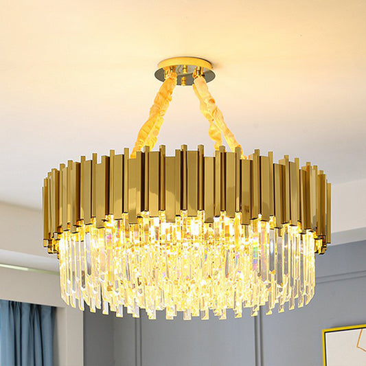 Simple Style Suspension Light Brass Drum Chandelier with Tri-Sided Crystal Prism Shade 6 Brass Clearhalo 'Ceiling Lights' 'Chandeliers' 'Modern Chandeliers' 'Modern' Lighting' 2424356
