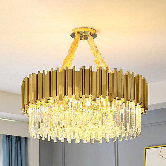 Simple Style Suspension Light Brass Drum Chandelier with Tri-Sided Crystal Prism Shade 4 Brass Clearhalo 'Ceiling Lights' 'Chandeliers' 'Modern Chandeliers' 'Modern' Lighting' 2424357