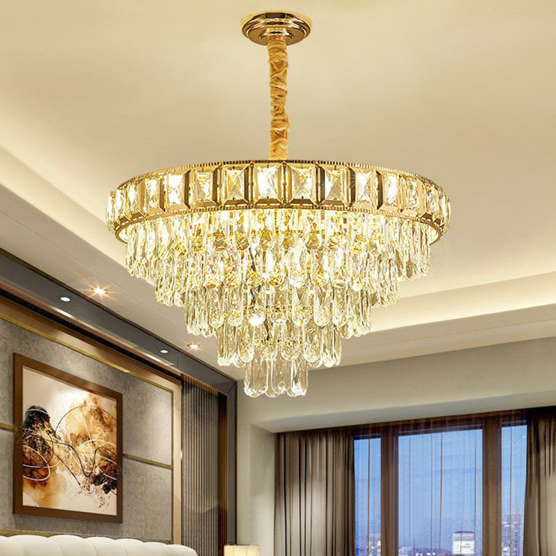 Minimalistic Cone Shaped Hanging Lamp Beveled-Cut Crystal Living Room Chandelier in Clear Clearhalo 'Ceiling Lights' 'Chandeliers' 'Clear' 'Industrial' 'Modern Chandeliers' 'Modern' 'Tiffany' 'Traditional Chandeliers' Lighting' 2424364
