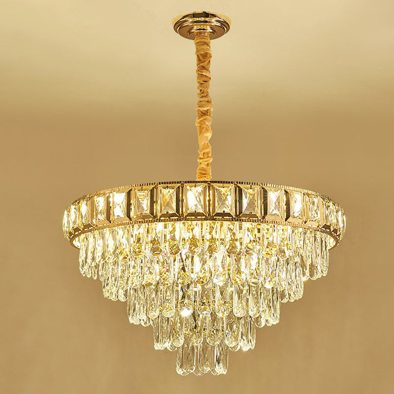 Minimalistic Cone Shaped Hanging Lamp Beveled-Cut Crystal Living Room Chandelier in Clear 12 Clear Clearhalo 'Ceiling Lights' 'Chandeliers' 'Clear' 'Industrial' 'Modern Chandeliers' 'Modern' 'Tiffany' 'Traditional Chandeliers' Lighting' 2424366