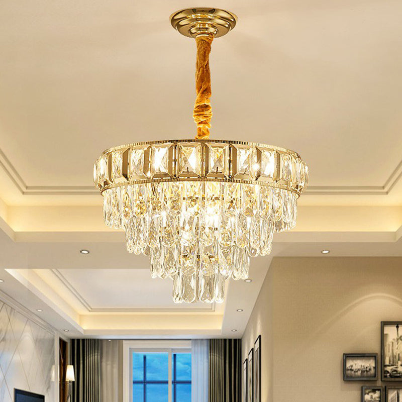 Minimalistic Cone Shaped Hanging Lamp Beveled-Cut Crystal Living Room Chandelier in Clear Clearhalo 'Ceiling Lights' 'Chandeliers' 'Clear' 'Industrial' 'Modern Chandeliers' 'Modern' 'Tiffany' 'Traditional Chandeliers' Lighting' 2424369