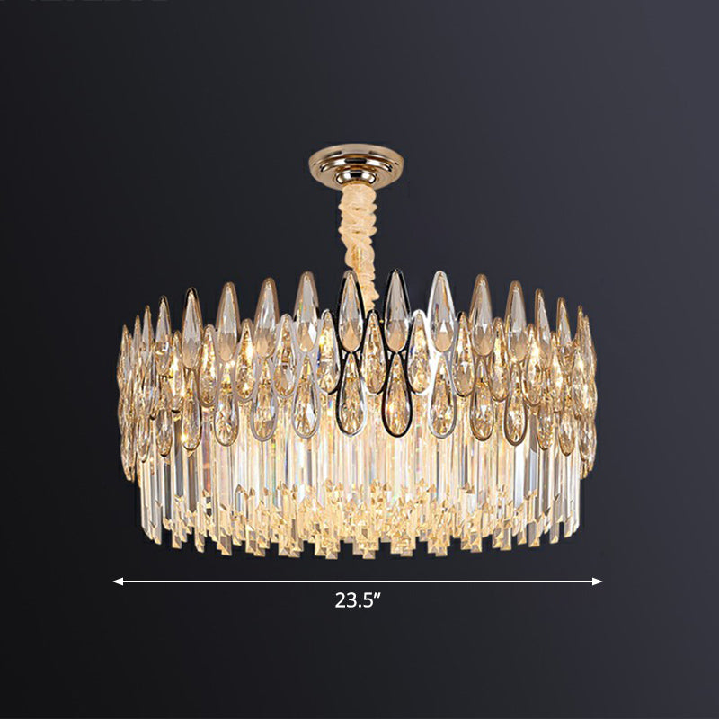 K9 Optical Crystal Drum Shaped Pendant Light Minimalist Clear Chandelier Lighting Fixture for Living Room 11 Clear Clearhalo 'Ceiling Lights' 'Chandeliers' 'Clear' 'Industrial' 'Modern Chandeliers' 'Modern' 'Tiffany' 'Traditional Chandeliers' Lighting' 2424390