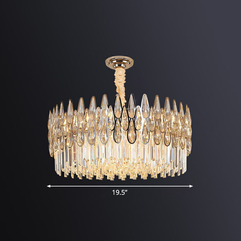K9 Optical Crystal Drum Shaped Pendant Light Minimalist Clear Chandelier Lighting Fixture for Living Room 7 Clear Clearhalo 'Ceiling Lights' 'Chandeliers' 'Clear' 'Industrial' 'Modern Chandeliers' 'Modern' 'Tiffany' 'Traditional Chandeliers' Lighting' 2424391