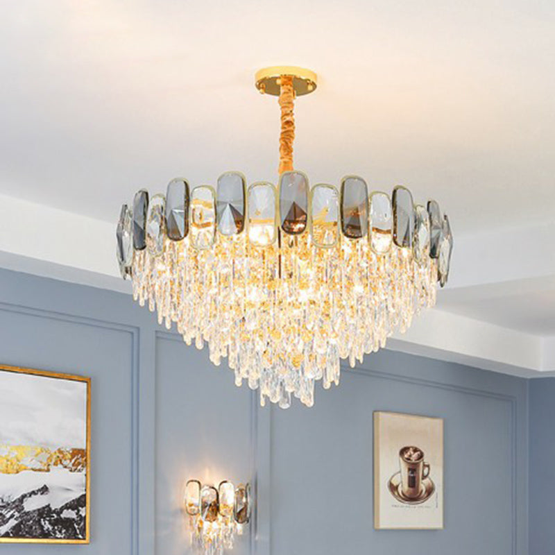 Beveled Cut Crystal Cone Chandelier Postmodern Clear Suspension Light for Living Room Clearhalo 'Ceiling Lights' 'Chandeliers' 'Clear' 'Industrial' 'Modern Chandeliers' 'Modern' 'Tiffany' 'Traditional Chandeliers' Lighting' 2424400