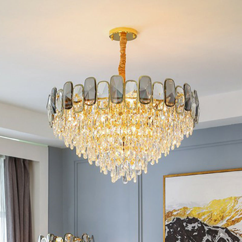 Beveled Cut Crystal Cone Chandelier Postmodern Clear Suspension Light for Living Room Clearhalo 'Ceiling Lights' 'Chandeliers' 'Clear' 'Industrial' 'Modern Chandeliers' 'Modern' 'Tiffany' 'Traditional Chandeliers' Lighting' 2424401