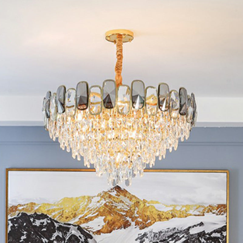 Beveled Cut Crystal Cone Chandelier Postmodern Clear Suspension Light for Living Room 12 Clear Clearhalo 'Ceiling Lights' 'Chandeliers' 'Clear' 'Industrial' 'Modern Chandeliers' 'Modern' 'Tiffany' 'Traditional Chandeliers' Lighting' 2424404