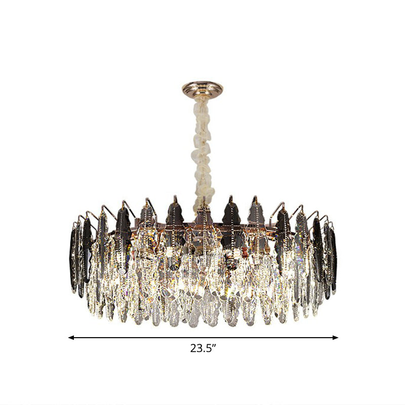 Modern Round Ceiling Hang Light Crystal Leaf 9 Bulbs Living Room Chandelier Light Fixture Smoke Gray 23.5" Clearhalo 'Ceiling Lights' 'Chandeliers' 'Modern Chandeliers' 'Modern' Lighting' 2424406