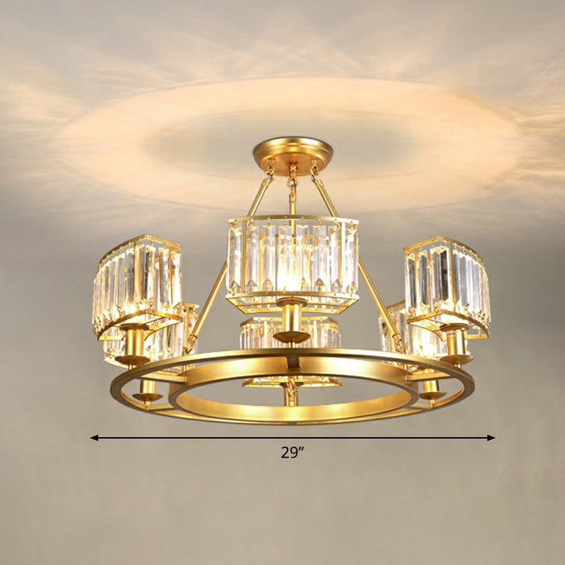 Gold Finish Circular Up Chandelier Minimalist Crystal Block Ceiling Suspension Lamp for Living Room 6 Gold Rectangle Clearhalo 'Ceiling Lights' 'Chandeliers' 'Modern Chandeliers' 'Modern' Lighting' 2424418