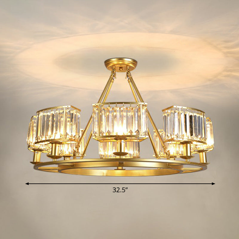 Gold Finish Circular Up Chandelier Minimalist Crystal Block Ceiling Suspension Lamp for Living Room 8 Gold Rectangle Clearhalo 'Ceiling Lights' 'Chandeliers' 'Modern Chandeliers' 'Modern' Lighting' 2424419