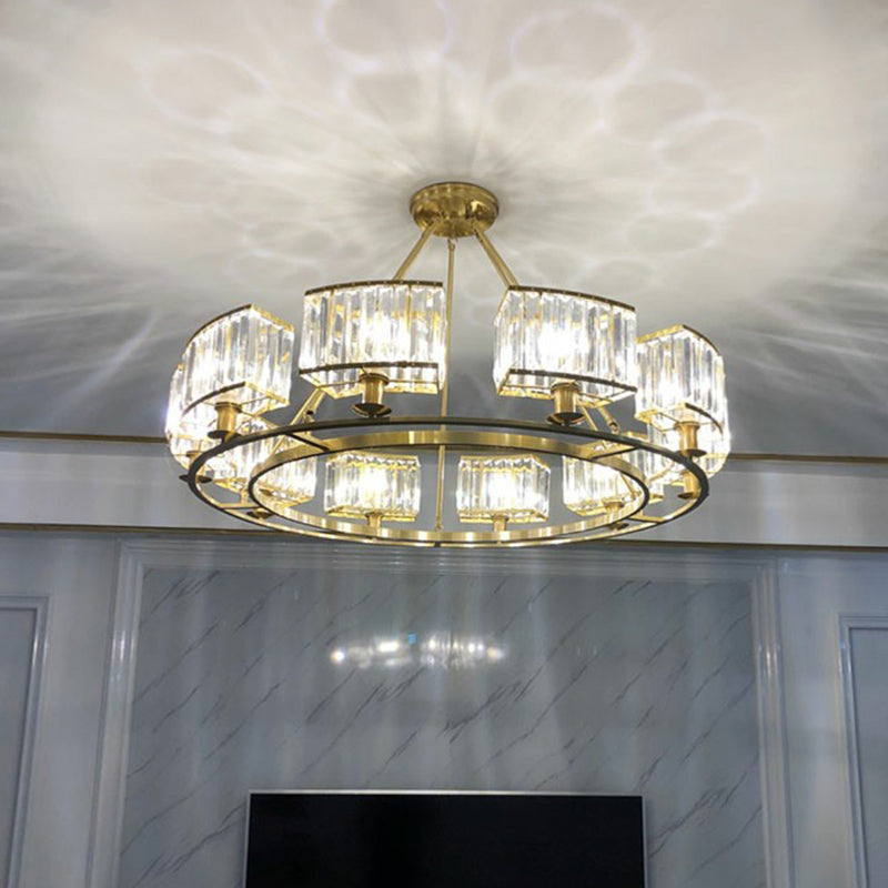 Gold Finish Circular Up Chandelier Minimalist Crystal Block Ceiling Suspension Lamp for Living Room Clearhalo 'Ceiling Lights' 'Chandeliers' 'Modern Chandeliers' 'Modern' Lighting' 2424420
