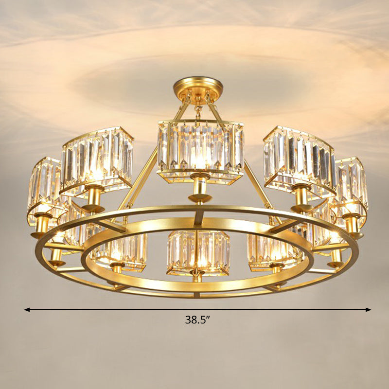 Gold Finish Circular Up Chandelier Minimalist Crystal Block Ceiling Suspension Lamp for Living Room 10 Gold Rectangle Clearhalo 'Ceiling Lights' 'Chandeliers' 'Modern Chandeliers' 'Modern' Lighting' 2424421
