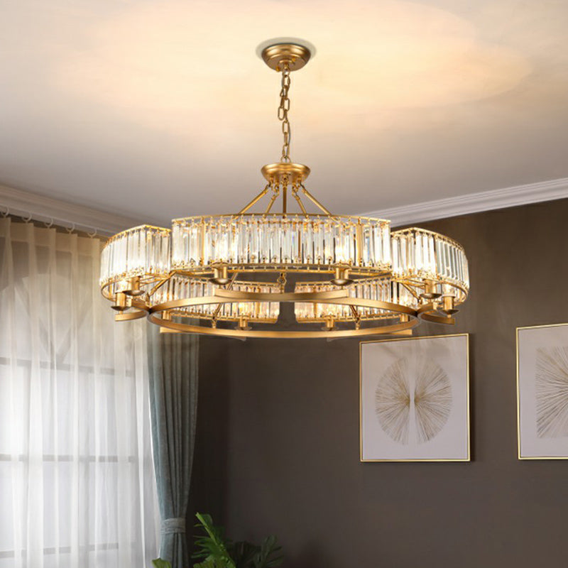 Gold Finish Circular Up Chandelier Minimalist Crystal Block Ceiling Suspension Lamp for Living Room Clearhalo 'Ceiling Lights' 'Chandeliers' 'Modern Chandeliers' 'Modern' Lighting' 2424424