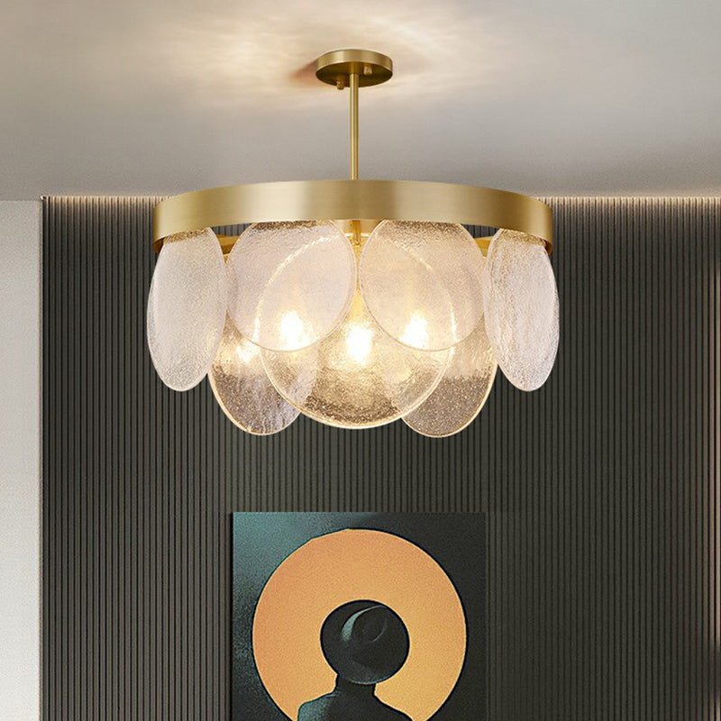 Postmodern Disc Pendant Light Seeded Glass 3-Light Living Room Chandelier in Brass Clearhalo 'Ceiling Lights' 'Chandeliers' 'Modern Chandeliers' 'Modern' Lighting' 2424444