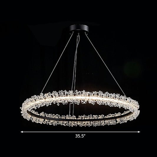 Simplicity Circle LED Chandelier Crystal Beads Living Room Pendant Lighting Fixture Black 35.5" Clearhalo 'Ceiling Lights' 'Chandeliers' 'Modern Chandeliers' 'Modern' Lighting' 2424466