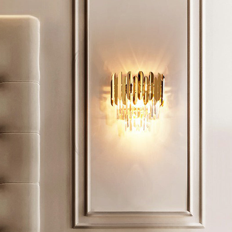 Brass Tiered Flush Wall Sconce Postmodern 3 Lights Crystal Wall Lighting for Bedroom Brass Clearhalo 'Cast Iron' 'Glass' 'Industrial' 'Modern wall lights' 'Modern' 'Tiffany' 'Traditional wall lights' 'Wall Lamps & Sconces' 'Wall Lights' Lighting' 2424490