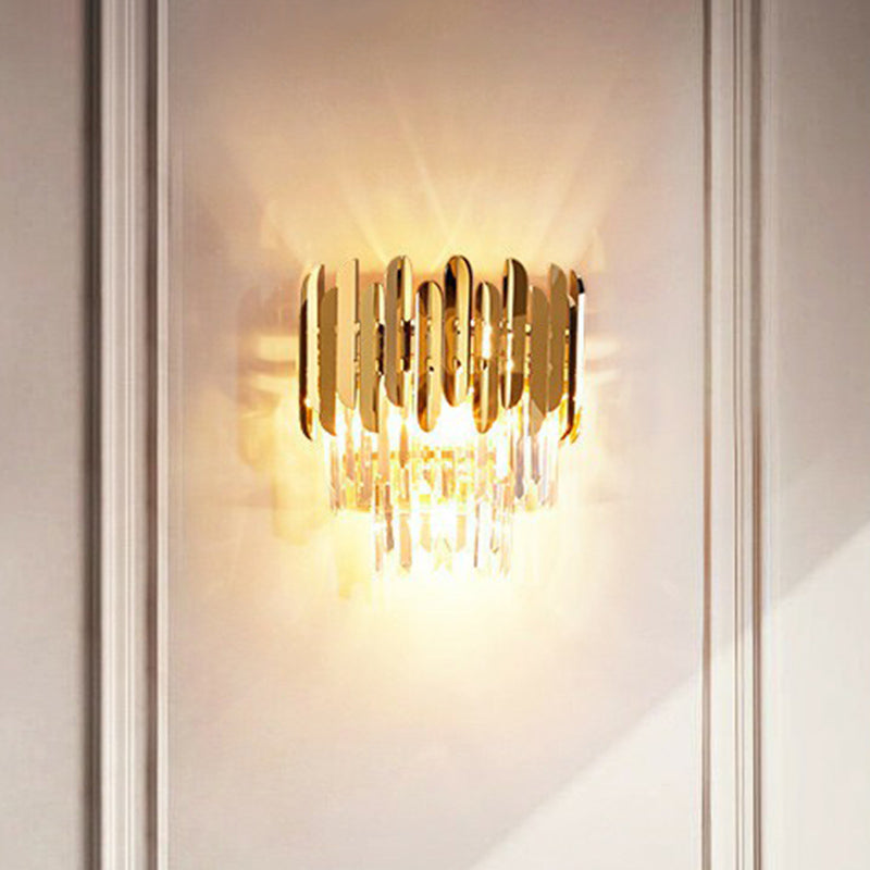 Brass Tiered Flush Wall Sconce Postmodern 3 Lights Crystal Wall Lighting for Bedroom Clearhalo 'Cast Iron' 'Glass' 'Industrial' 'Modern wall lights' 'Modern' 'Tiffany' 'Traditional wall lights' 'Wall Lamps & Sconces' 'Wall Lights' Lighting' 2424491