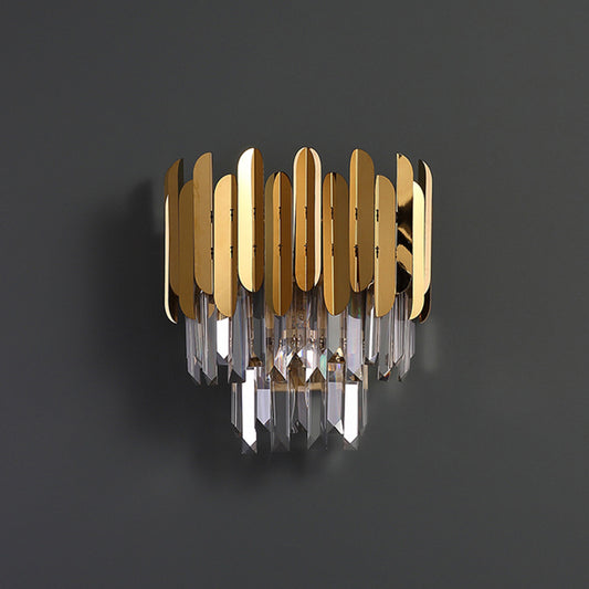 Brass Tiered Flush Wall Sconce Postmodern 3 Lights Crystal Wall Lighting for Bedroom Clearhalo 'Cast Iron' 'Glass' 'Industrial' 'Modern wall lights' 'Modern' 'Tiffany' 'Traditional wall lights' 'Wall Lamps & Sconces' 'Wall Lights' Lighting' 2424493