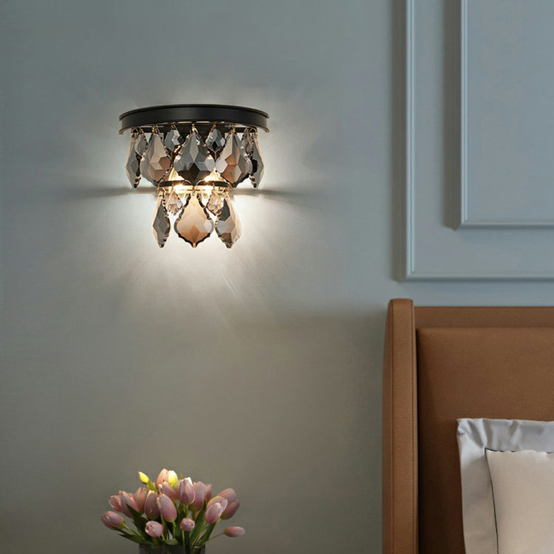 Postmodern Tiered Sconce Light Cut-Crystal 2 Bulbs Bedside Wall Mount Light Fixture Clearhalo 'Cast Iron' 'Glass' 'Industrial' 'Modern wall lights' 'Modern' 'Tiffany' 'Traditional wall lights' 'Wall Lamps & Sconces' 'Wall Lights' Lighting' 2424498