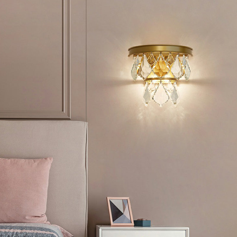 Postmodern Tiered Sconce Light Cut-Crystal 2 Bulbs Bedside Wall Mount Light Fixture Clearhalo 'Cast Iron' 'Glass' 'Industrial' 'Modern wall lights' 'Modern' 'Tiffany' 'Traditional wall lights' 'Wall Lamps & Sconces' 'Wall Lights' Lighting' 2424500