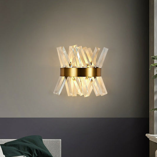Gold X-Shaped Wall Sconce Postmodern 1-Light K9 Crystal Wall Mount Lamp for Bedroom Clearhalo 'Cast Iron' 'Glass' 'Industrial' 'Modern wall lights' 'Modern' 'Tiffany' 'Traditional wall lights' 'Wall Lamps & Sconces' 'Wall Lights' Lighting' 2424504