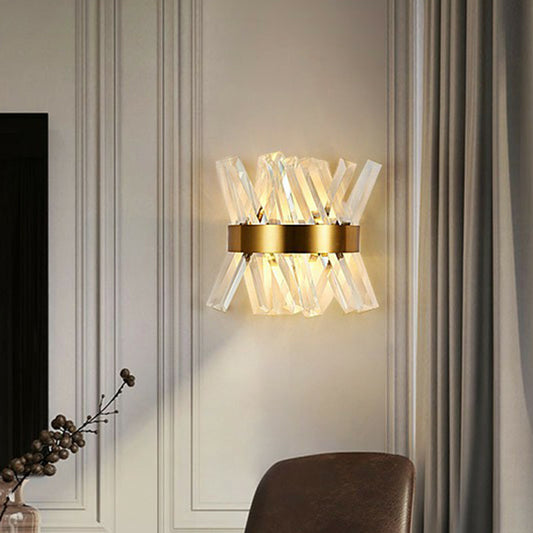Gold X-Shaped Wall Sconce Postmodern 1-Light K9 Crystal Wall Mount Lamp for Bedroom Clearhalo 'Cast Iron' 'Glass' 'Industrial' 'Modern wall lights' 'Modern' 'Tiffany' 'Traditional wall lights' 'Wall Lamps & Sconces' 'Wall Lights' Lighting' 2424505