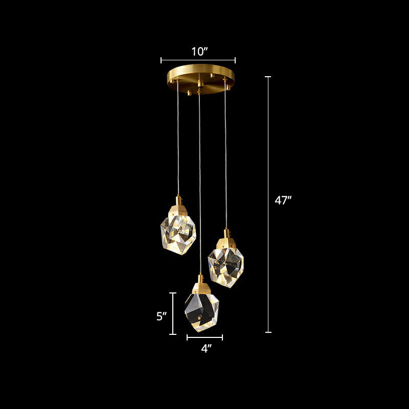 Crystal Gem Cluster Pendant Light Minimalistic Brass LED Pendulum Light for Staircase 3 Brass Clearhalo 'Ceiling Lights' 'Modern Pendants' 'Modern' 'Pendant Lights' 'Pendants' Lighting' 2424509