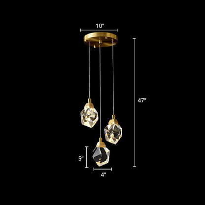 Crystal Gem Cluster Pendant Light Minimalistic Brass LED Pendulum Light for Staircase 3 Brass Clearhalo 'Ceiling Lights' 'Modern Pendants' 'Modern' 'Pendant Lights' 'Pendants' Lighting' 2424509