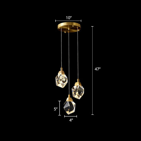 Crystal Gem Cluster Pendant Light Minimalistic Brass LED Pendulum Light for Staircase 3 Brass