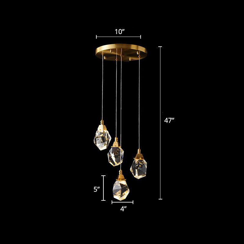 Crystal Gem Cluster Pendant Light Minimalistic Brass LED Pendulum Light for Staircase 4 Brass Clearhalo 'Ceiling Lights' 'Modern Pendants' 'Modern' 'Pendant Lights' 'Pendants' Lighting' 2424510