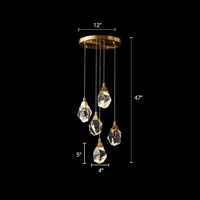 Crystal Gem Cluster Pendant Light Minimalistic Brass LED Pendulum Light for Staircase 5 Brass Clearhalo 'Ceiling Lights' 'Modern Pendants' 'Modern' 'Pendant Lights' 'Pendants' Lighting' 2424513