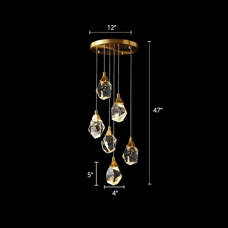 Crystal Gem Cluster Pendant Light Minimalistic Brass LED Pendulum Light for Staircase 6 Brass Clearhalo 'Ceiling Lights' 'Modern Pendants' 'Modern' 'Pendant Lights' 'Pendants' Lighting' 2424514