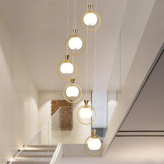 Ball Shaped Suspension Light Simplicity White Glass 6-Light Stairs Multi Pendant with Metal Loop in Gold Clearhalo 'Ceiling Lights' 'Modern Pendants' 'Modern' 'Pendant Lights' 'Pendants' Lighting' 2424528