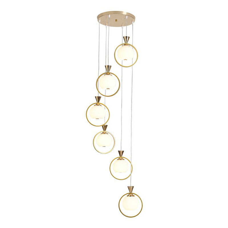 Ball Shaped Suspension Light Simplicity White Glass 6-Light Stairs Multi Pendant with Metal Loop in Gold Clearhalo 'Ceiling Lights' 'Modern Pendants' 'Modern' 'Pendant Lights' 'Pendants' Lighting' 2424529
