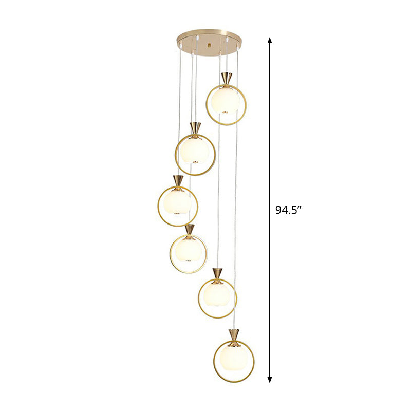 Ball Shaped Suspension Light Simplicity White Glass 6-Light Stairs Multi Pendant with Metal Loop in Gold Clearhalo 'Ceiling Lights' 'Modern Pendants' 'Modern' 'Pendant Lights' 'Pendants' Lighting' 2424530