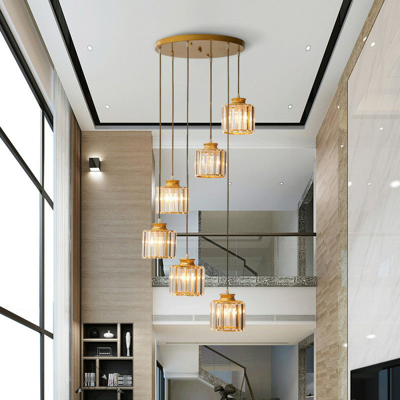 Postmodern Cylindrical Pendant Lamp Prismatic Crystal Stairway Multi Light Chandelier Clearhalo 'Ceiling Lights' 'Modern Pendants' 'Modern' 'Pendant Lights' 'Pendants' Lighting' 2424546