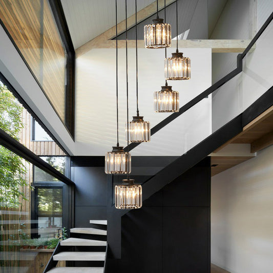 Postmodern Cylindrical Pendant Lamp Prismatic Crystal Stairway Multi Light Chandelier Clearhalo 'Ceiling Lights' 'Modern Pendants' 'Modern' 'Pendant Lights' 'Pendants' Lighting' 2424549