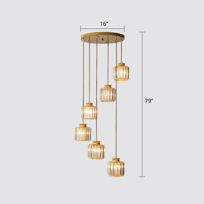 Postmodern Cylindrical Pendant Lamp Prismatic Crystal Stairway Multi Light Chandelier 6 Gold Clearhalo 'Ceiling Lights' 'Modern Pendants' 'Modern' 'Pendant Lights' 'Pendants' Lighting' 2424551