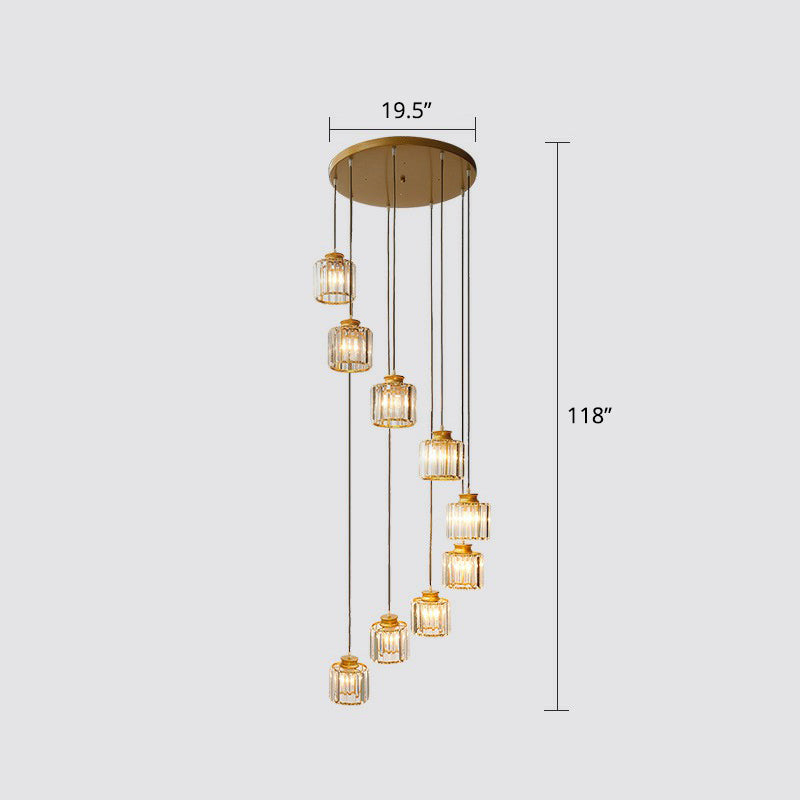 Postmodern Cylindrical Pendant Lamp Prismatic Crystal Stairway Multi Light Chandelier 9 Gold Clearhalo 'Ceiling Lights' 'Modern Pendants' 'Modern' 'Pendant Lights' 'Pendants' Lighting' 2424552