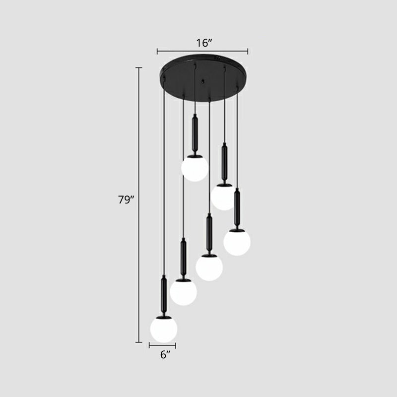 Spiral Ball Hanging Ceiling Light Nordic Opal Glass Stairs Multi Light Pendant Lighting 6 Black Clearhalo 'Ceiling Lights' 'Modern Pendants' 'Modern' 'Pendant Lights' 'Pendants' Lighting' 2424558