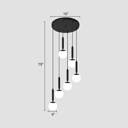 Spiral Ball Hanging Ceiling Light Nordic Opal Glass Stairs Multi Light Pendant Lighting 6 Black Clearhalo 'Ceiling Lights' 'Modern Pendants' 'Modern' 'Pendant Lights' 'Pendants' Lighting' 2424558