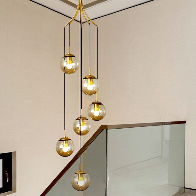 Cognac Glass Ball Pendant Lighting Postmodern Gold Multi Hanging Light Fixture for Villa 6 Cognac Clearhalo 'Ceiling Lights' 'Modern Pendants' 'Modern' 'Pendant Lights' 'Pendants' Lighting' 2424568