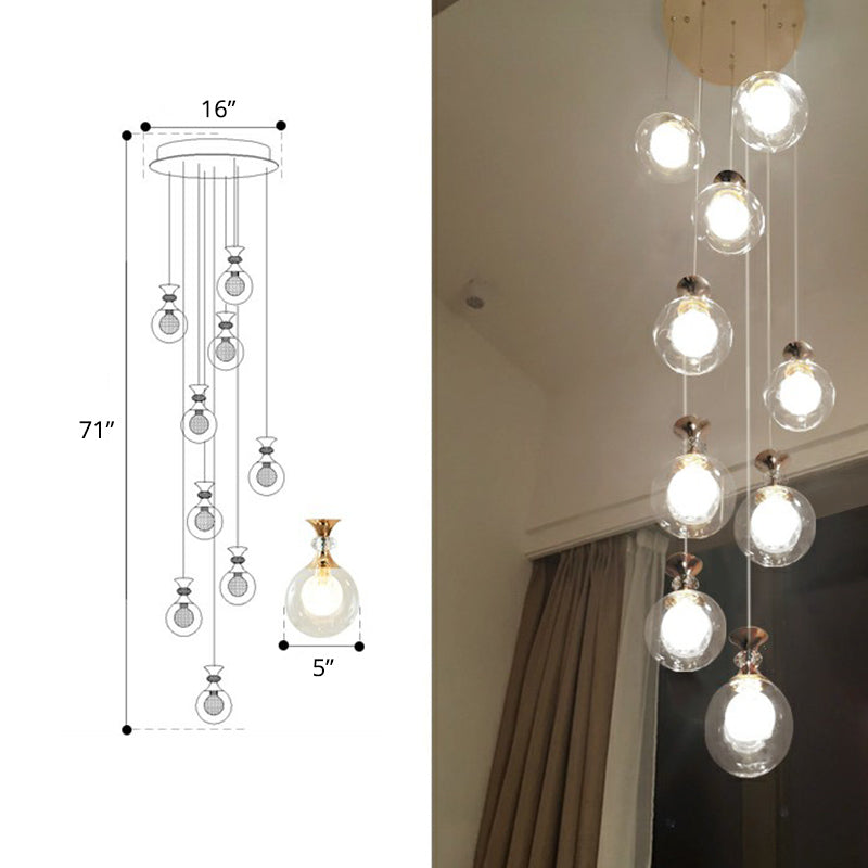 Clear and Frosted Glass Ball Ceiling Lamp Minimalistic Gold Multi-Light Pendant for Apartment 9 Gold Clearhalo 'Ceiling Lights' 'Modern Pendants' 'Modern' 'Pendant Lights' 'Pendants' Lighting' 2424579