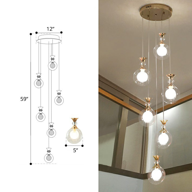 Clear and Frosted Glass Ball Ceiling Lamp Minimalistic Gold Multi-Light Pendant for Apartment 6 Gold Clearhalo 'Ceiling Lights' 'Modern Pendants' 'Modern' 'Pendant Lights' 'Pendants' Lighting' 2424582