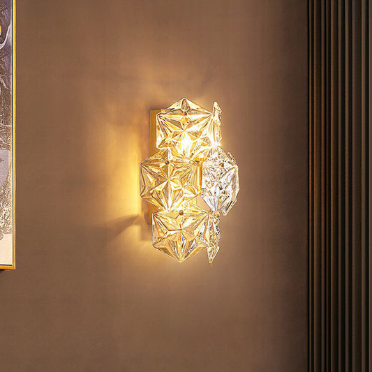 Clear Glass Hexagon Wall Light Postmodern Gold Finish Sconce Lighting Fixture for Bedroom Clearhalo 'Cast Iron' 'Glass' 'Industrial' 'Modern wall lights' 'Modern' 'Tiffany' 'Traditional wall lights' 'Wall Lamps & Sconces' 'Wall Lights' Lighting' 2424691