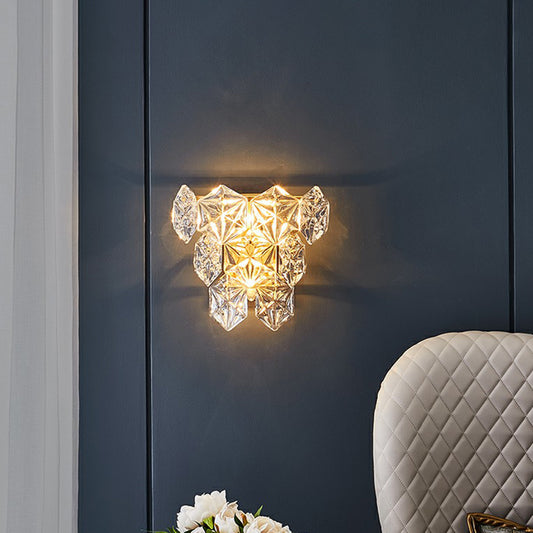 Clear Glass Hexagon Wall Light Postmodern Gold Finish Sconce Lighting Fixture for Bedroom Clear 12" Clearhalo 'Cast Iron' 'Glass' 'Industrial' 'Modern wall lights' 'Modern' 'Tiffany' 'Traditional wall lights' 'Wall Lamps & Sconces' 'Wall Lights' Lighting' 2424692