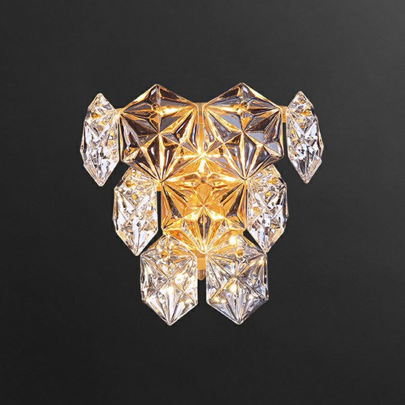 Clear Glass Hexagon Wall Light Postmodern Gold Finish Sconce Lighting Fixture for Bedroom Clearhalo 'Cast Iron' 'Glass' 'Industrial' 'Modern wall lights' 'Modern' 'Tiffany' 'Traditional wall lights' 'Wall Lamps & Sconces' 'Wall Lights' Lighting' 2424694